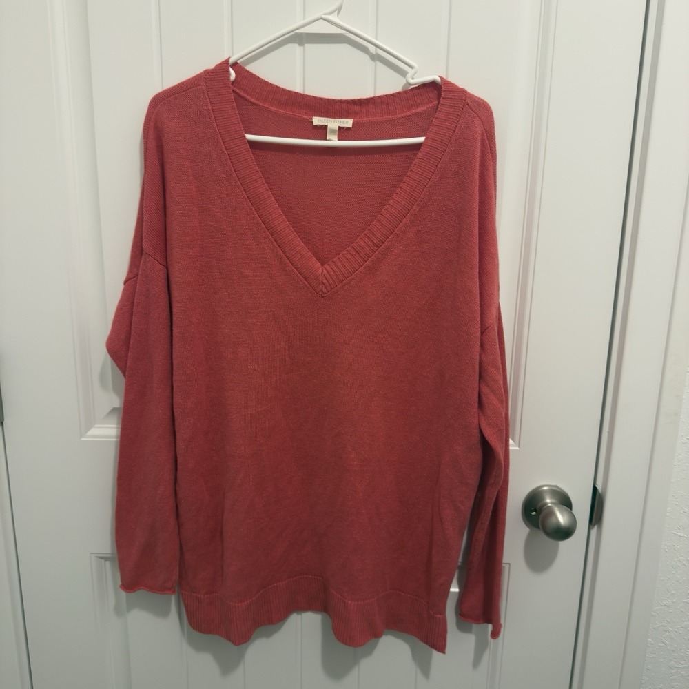 Eileen Fisher Woman's‎ Pink Vneck Pullover Sweater 100% Organic Linen Sz Large
